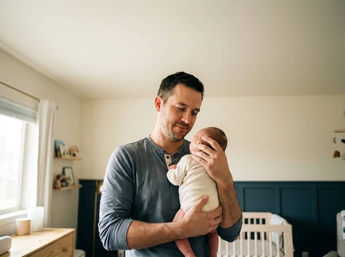 A father holding his newborn against his chest in the nursery
