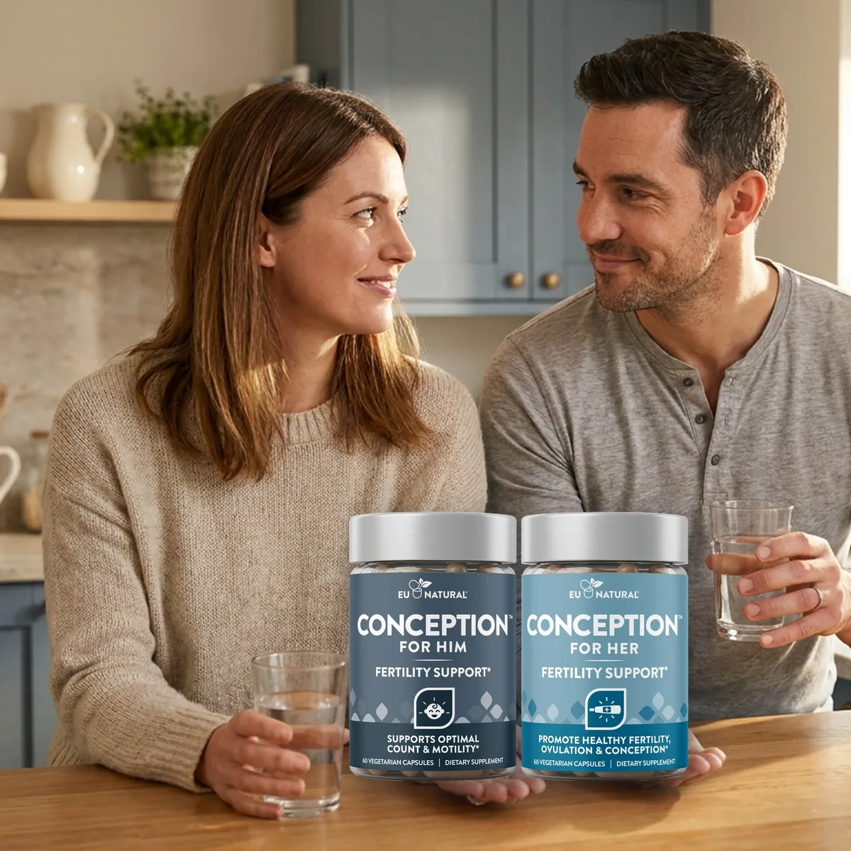 A couple taking their capsules together beside the Conception for Her and Him bottles