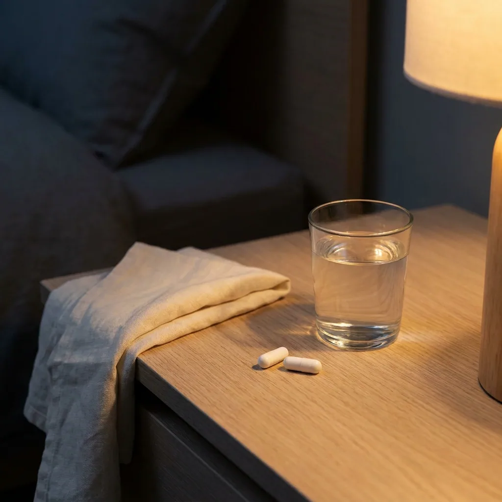 A glass of water and two capsules on a bedside table at night