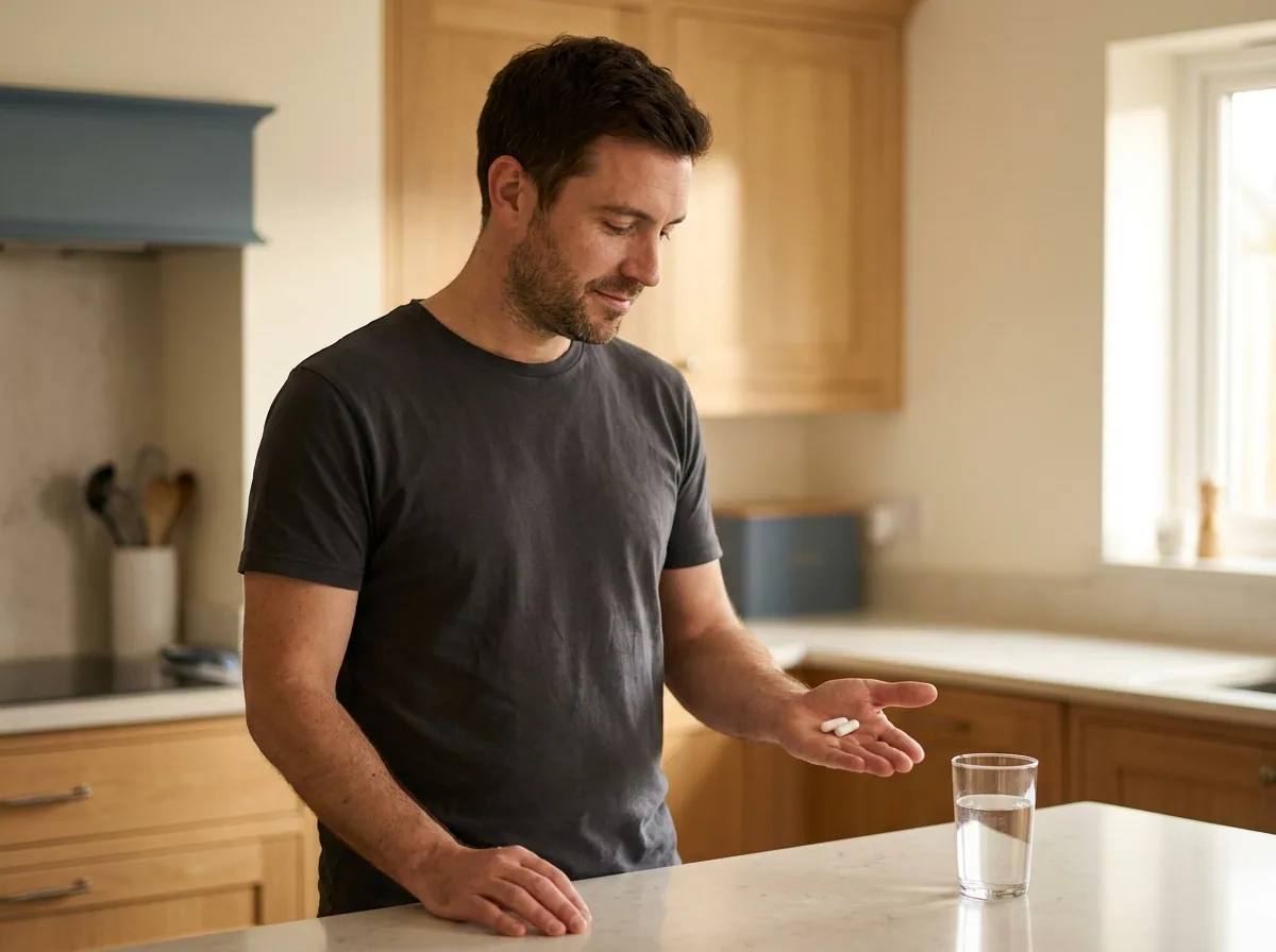A man taking his two capsules with a glass of water at the kitchen counter in the morning
