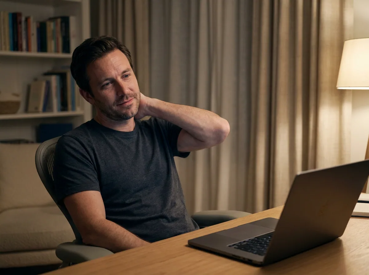 A man taking a pause at his desk at the end of a long day