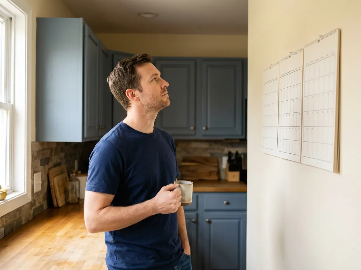 A man in his kitchen looking up at three months of wall calendar